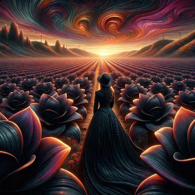 The primary subject of the image is a woman wearing a black dress, standing in a field of flowers. The setting is a sunset, creating a serene and picturesque atmosphere. The visual style is a digital art or illustration, with the woman and flowers depicted in vibrant colors. The overall mood of the image is one of beauty and tranquility.